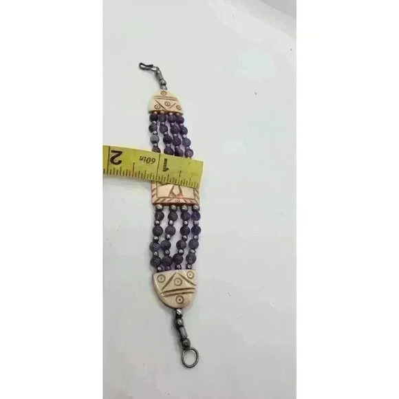 Amethyst & Sterling Silver Bead Bracelet With Resin Accents Multi Strand Vintage - Picture 8 of 10